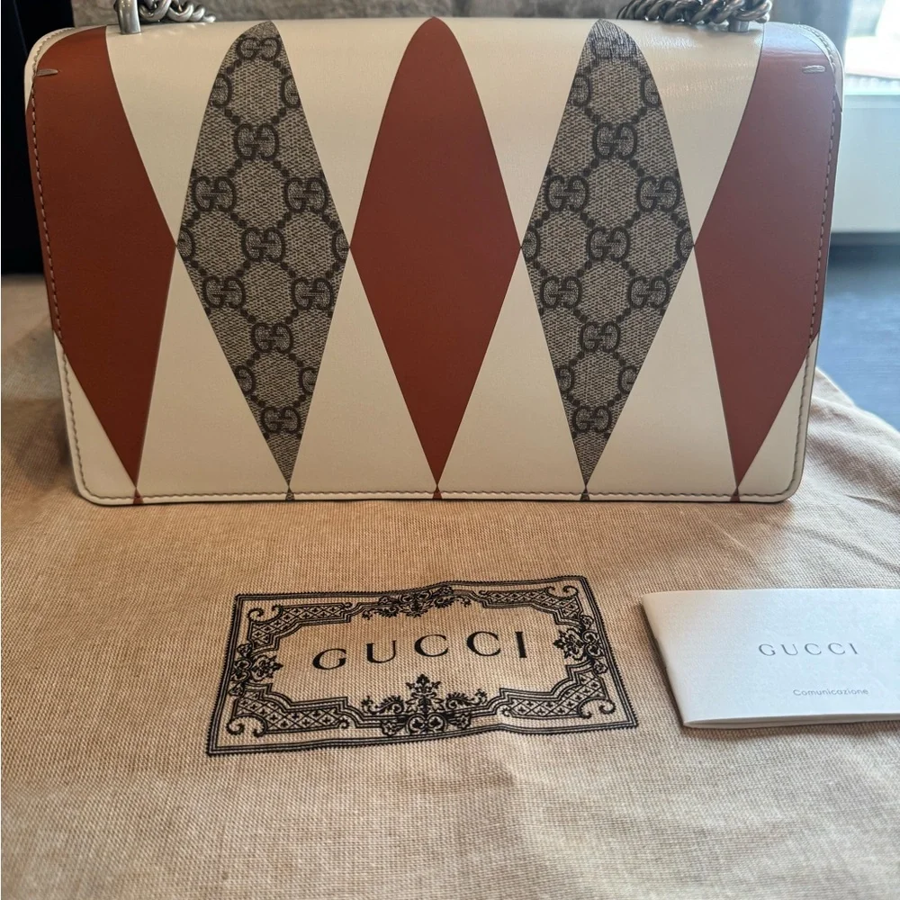 Gucci GG Dionysus Rhombus Print Shoulder Bag in Cream & Tan with Gray Accent - Picture 2 of 13